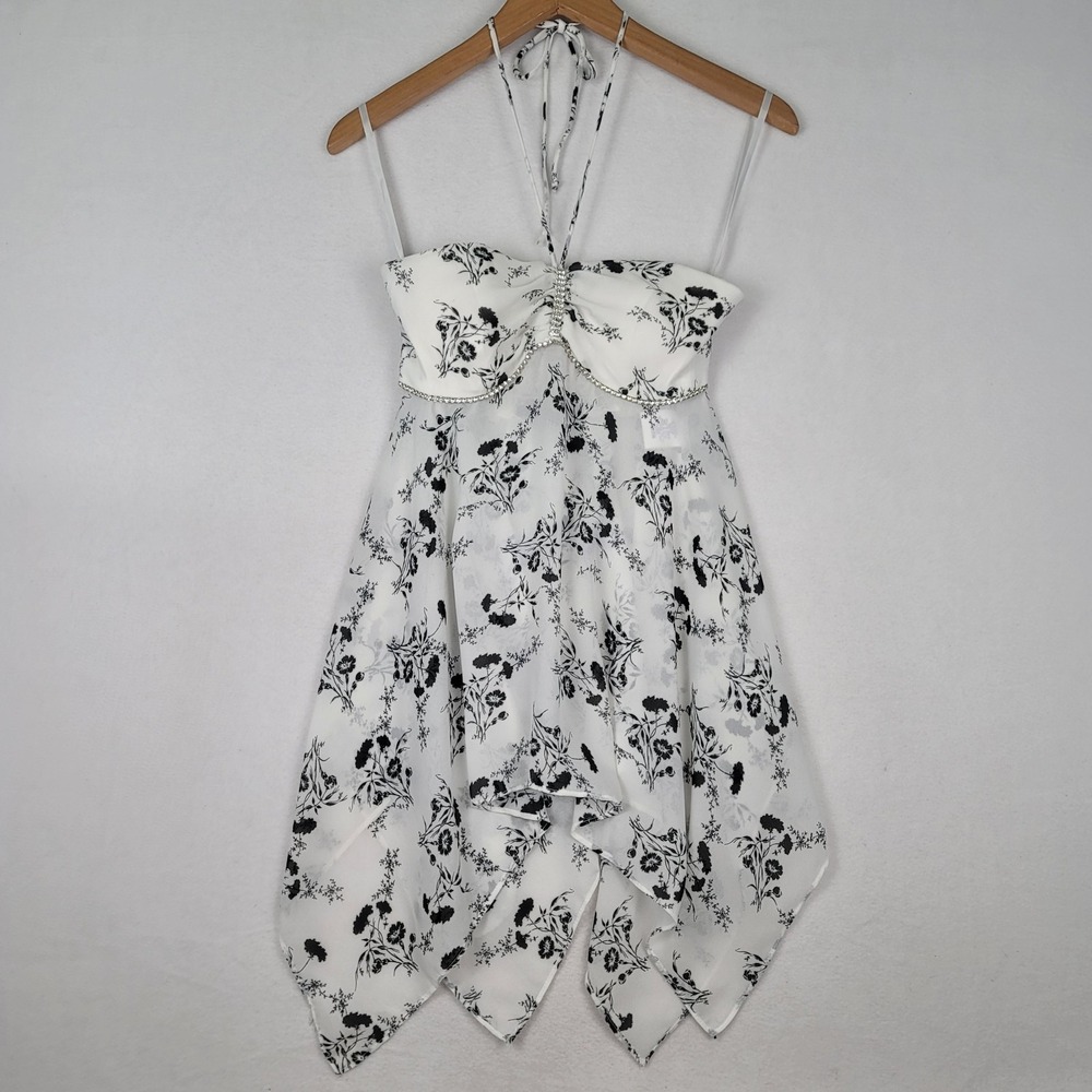 ECI GIRL NEW YORK VINTAGE HALTER MINI DRESS MEDIUM WHITE BLACK FLORAL RHINESTON